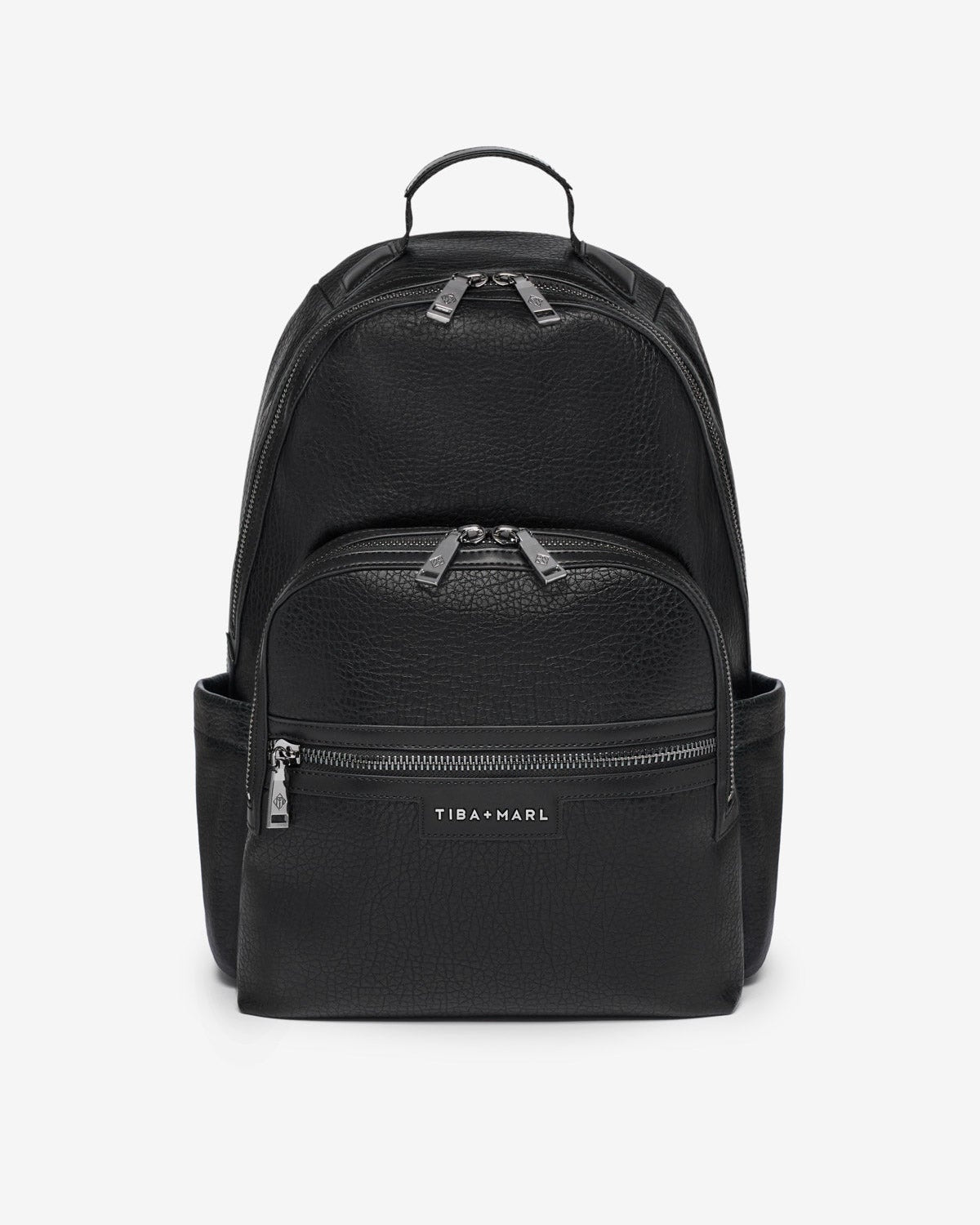 Black backpack with visible brand name on a white background