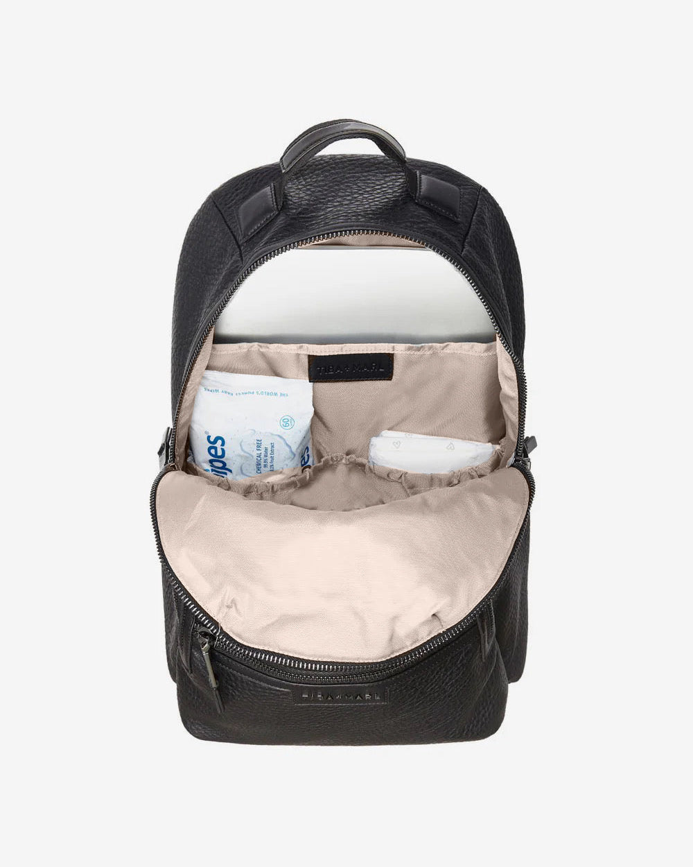 Black backpack with a beige interior showing a water bottle and other items on a white background