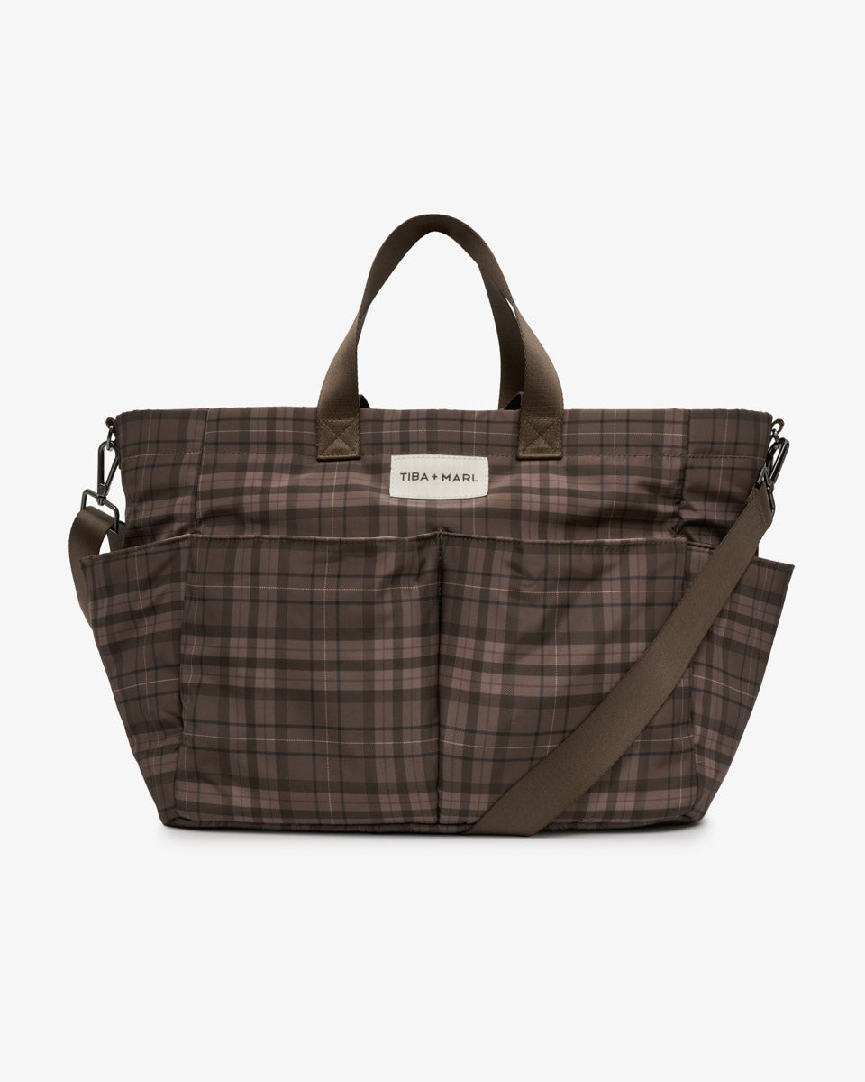 T+M Canvas Pocket Tote Brown Tonal Tartan Print