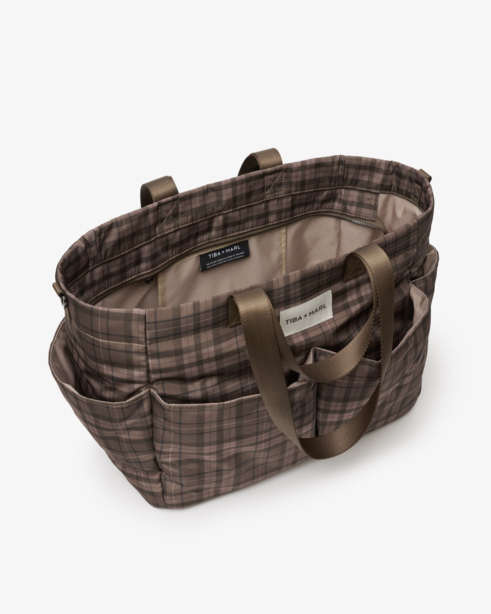 T+M Canvas Pocket Tote Brown Tonal Tartan Print