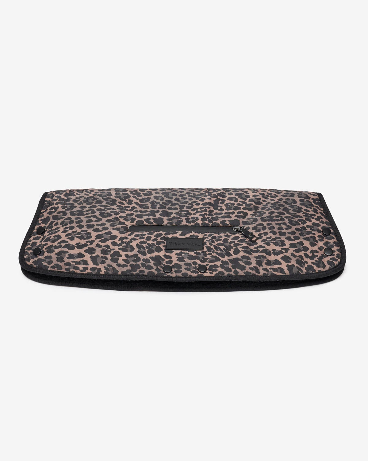 A brown tonal leopard print buggy handmuff designed to fit on a stroller or pram, featuring a gunmetal branded zip and a rubber branded patch.