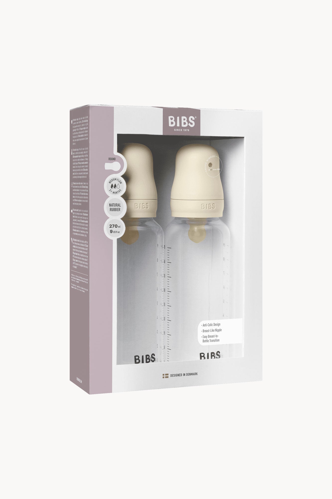 BIBS Baby Bottle Round Latex 2 pack 270ml Medium Flow Ivory