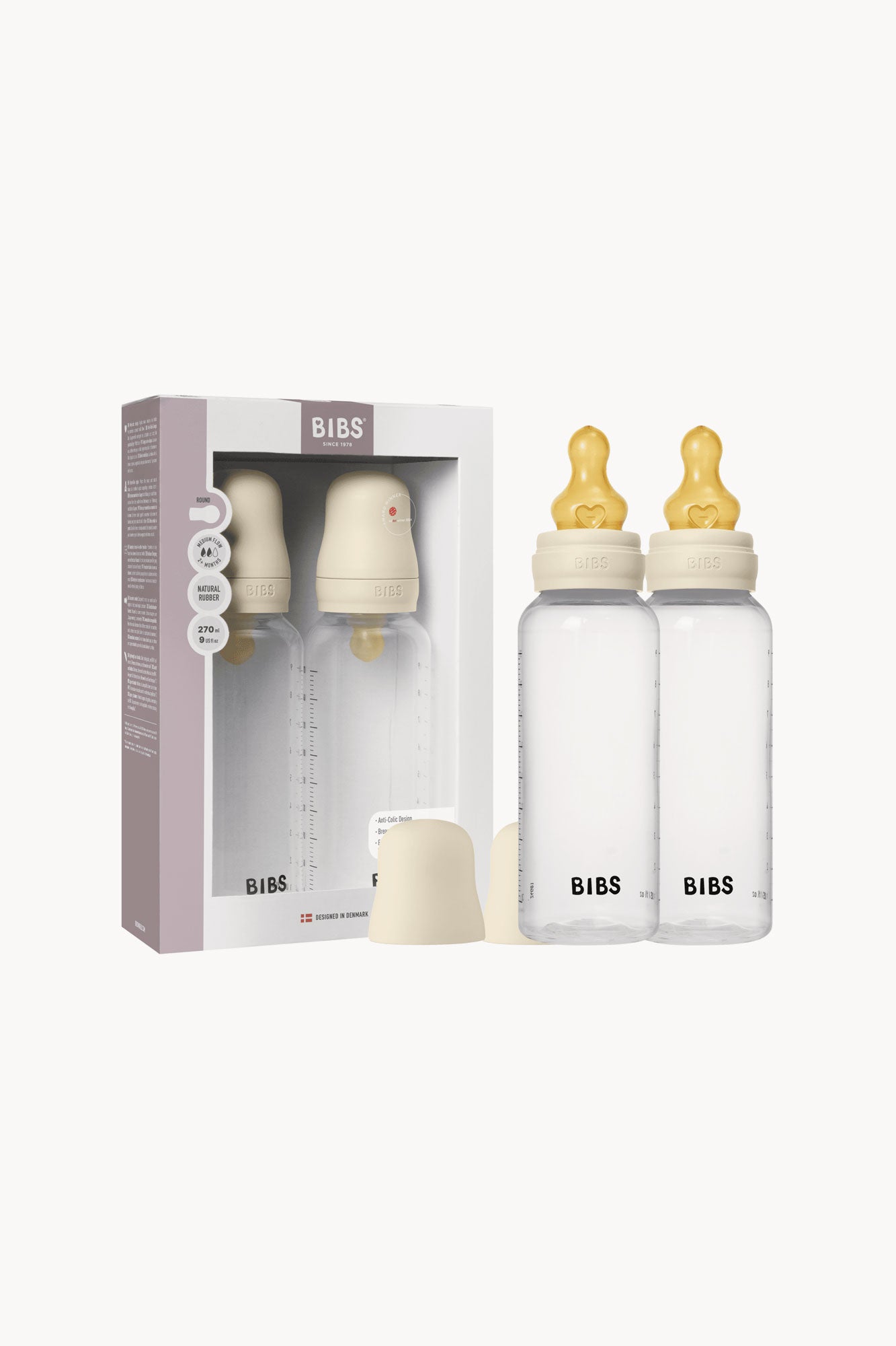 BIBS Baby Bottle Round Latex 2 pack 270ml Medium Flow Ivory