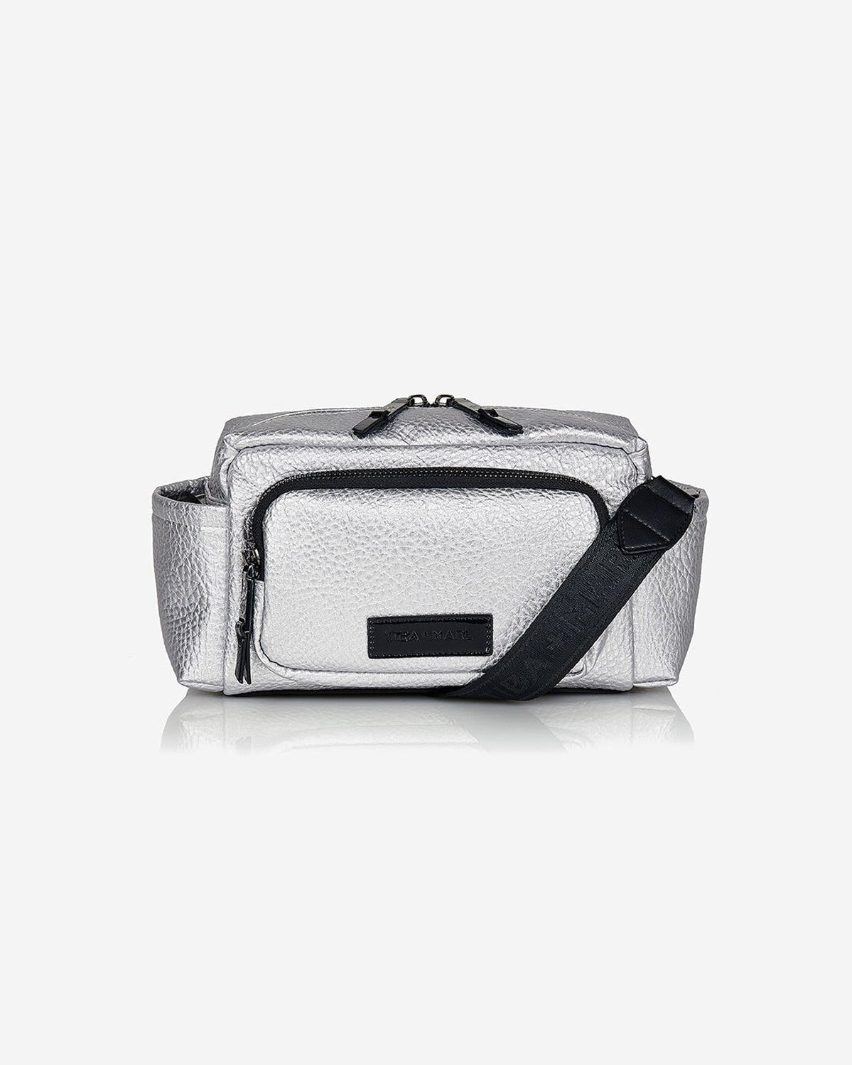 A silver stroller organizer with a sleek design and a detachable woven cross-body strap, displayed against a white background.