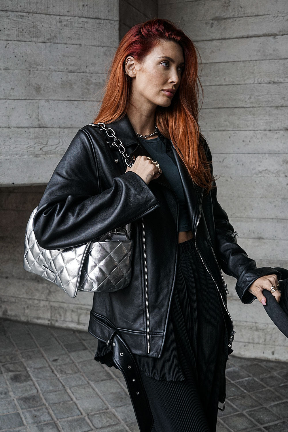 Black leather bag with silver online chain