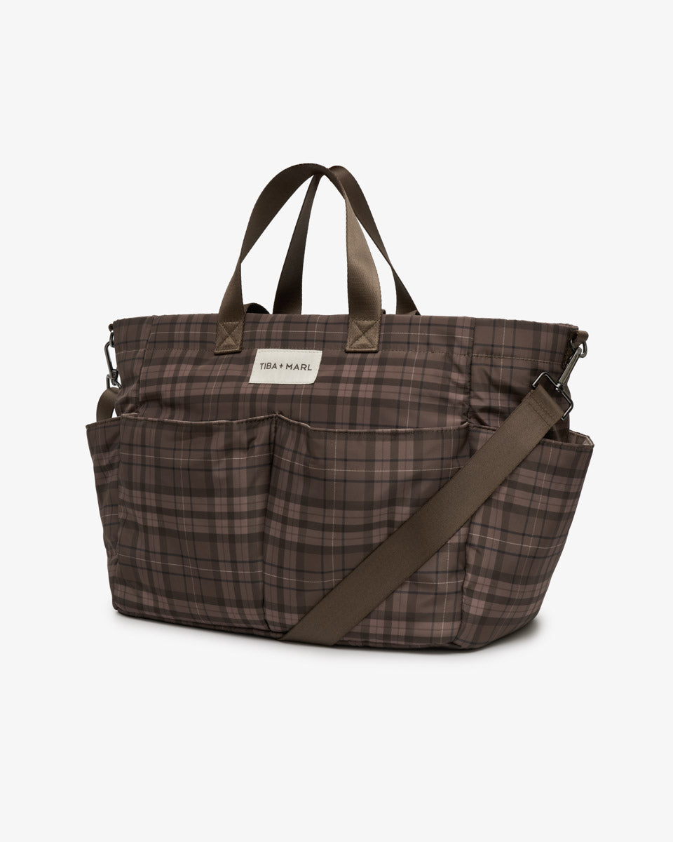 T+M Canvas Pocket Tote Brown Tonal Tartan Print