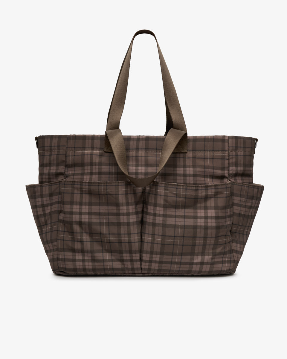 T+M Canvas Pocket Tote Brown Tonal Tartan Print
