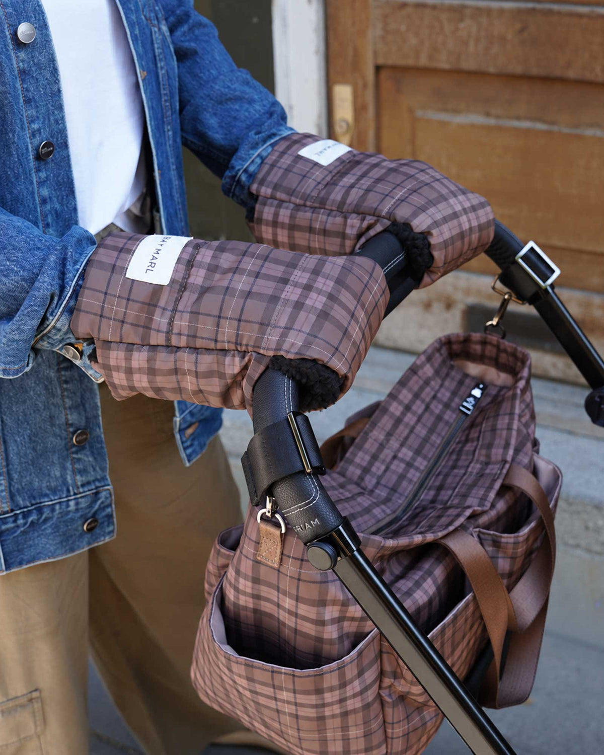 Universal Buggy Handmitts Brown Tonal Tartan Print